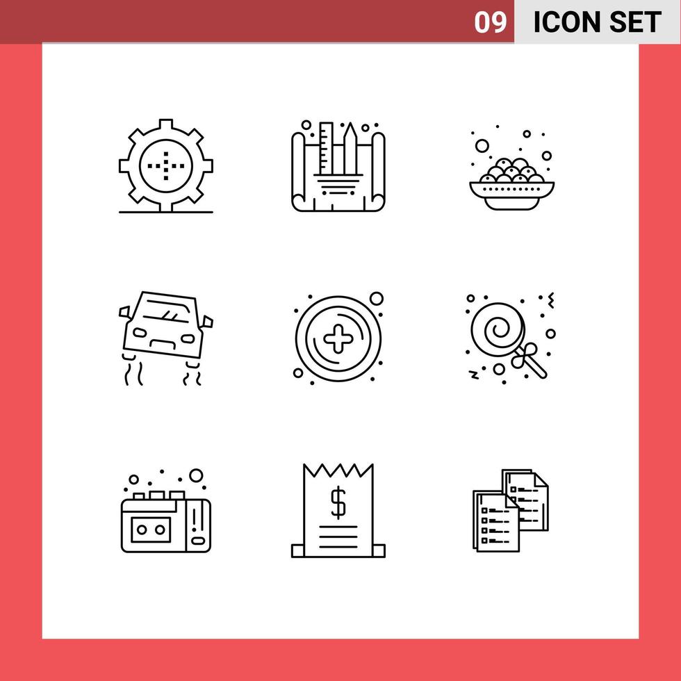 Editable Vector Line Pack of 9 Simple Outlines of plus add india skidding car Editable Vector Design Elements