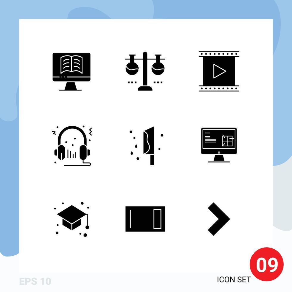 Pack of 9 creative Solid Glyphs of microphone audio camera speaker production Editable Vector Design Elements
