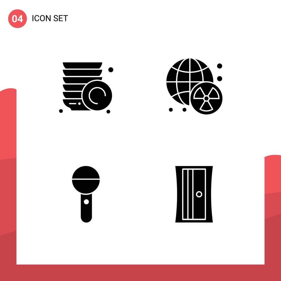 Mobile Interface Solid Glyph Set of 4 Pictograms of kitchen microphone nuclear world sound Editable Vector Design Elements