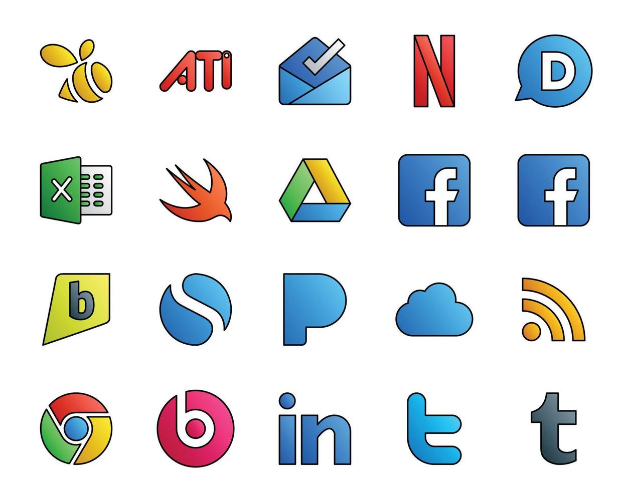 20 social medios de comunicación icono paquete incluso gorjeo late píldora Facebook cromo icloud vector