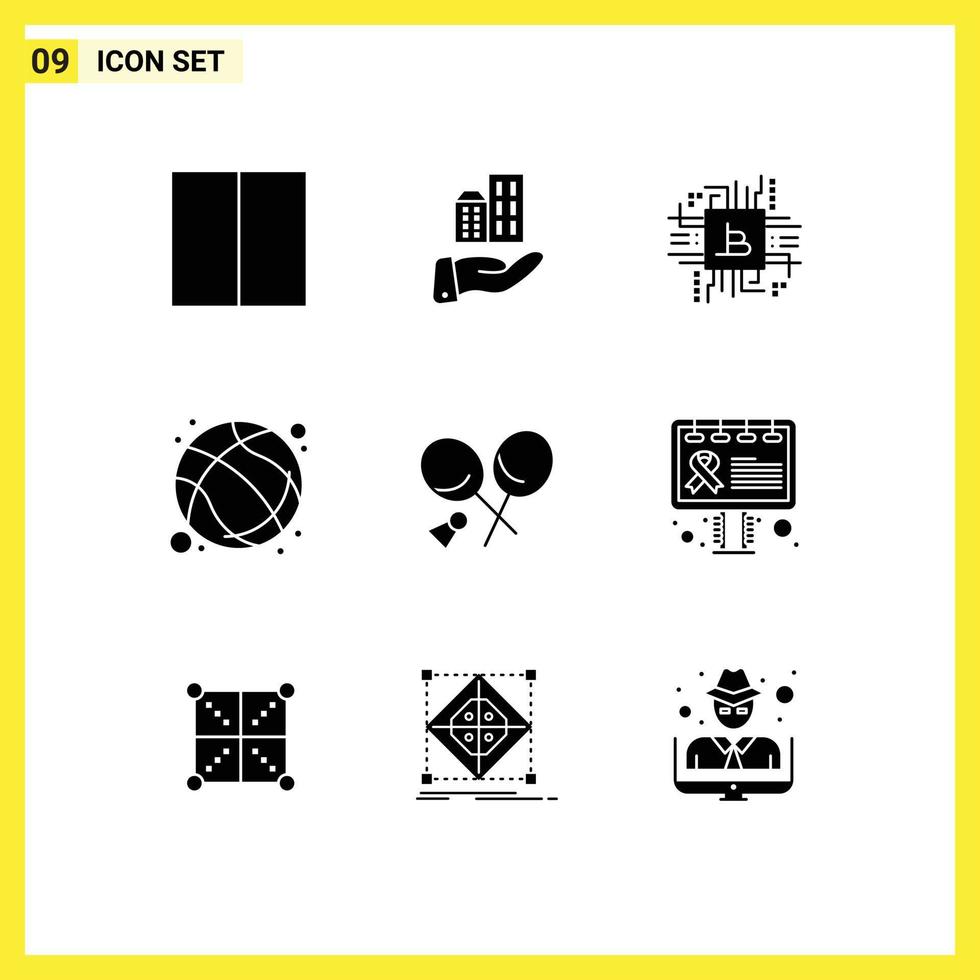 Solid Glyph Pack of 9 Universal Symbols of racket exercise computer sport basketball Editable Vector Design Elements