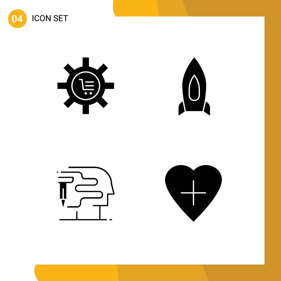 Group of 4 Solid Glyphs Signs and Symbols for cart startup commerce rocket human Editable Vector Design Elements
