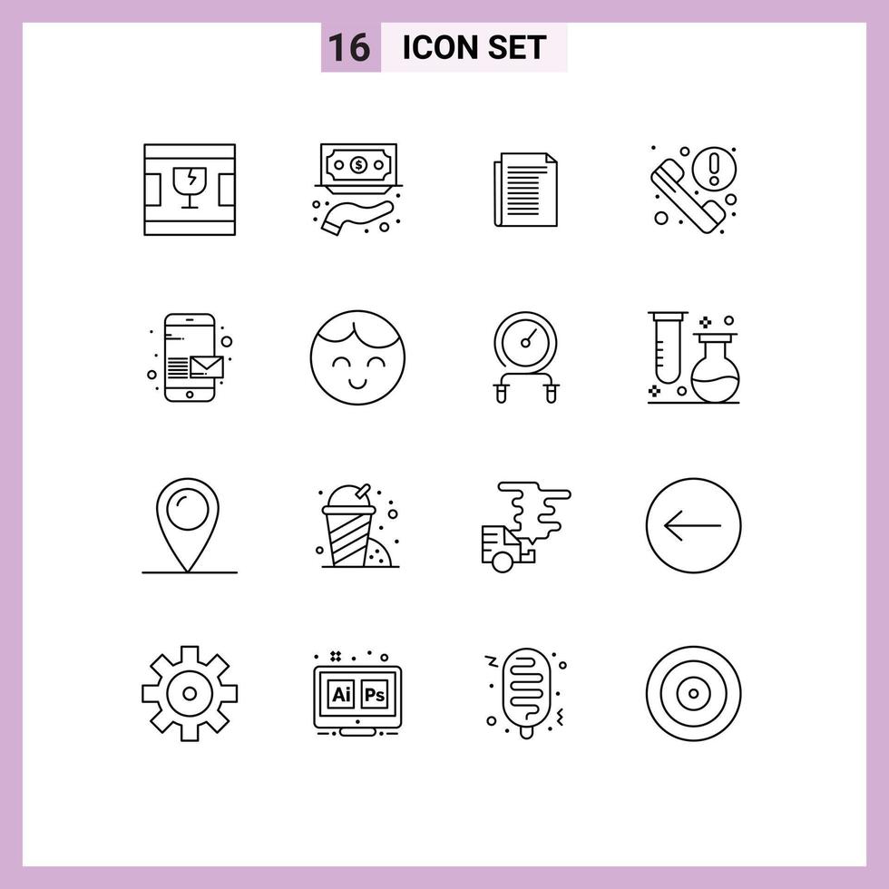 Pack of 16 Modern Outlines Signs and Symbols for Web Print Media such as email information service phone paper Editable Vector Design Elements