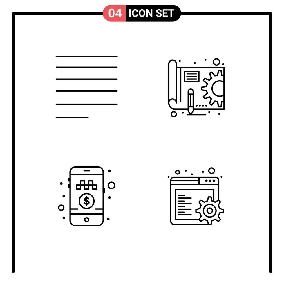 línea paquete de 4 4 universal símbolos de alinear pagar dinero azul impresión engranaje navegador editable vector diseño elementos