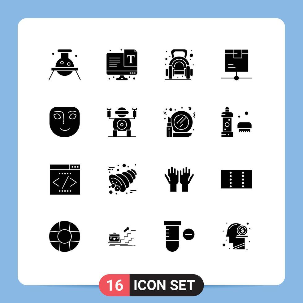Pack of 16 creative Solid Glyphs of product logistic font delivery dumbbell Editable Vector Design Elements