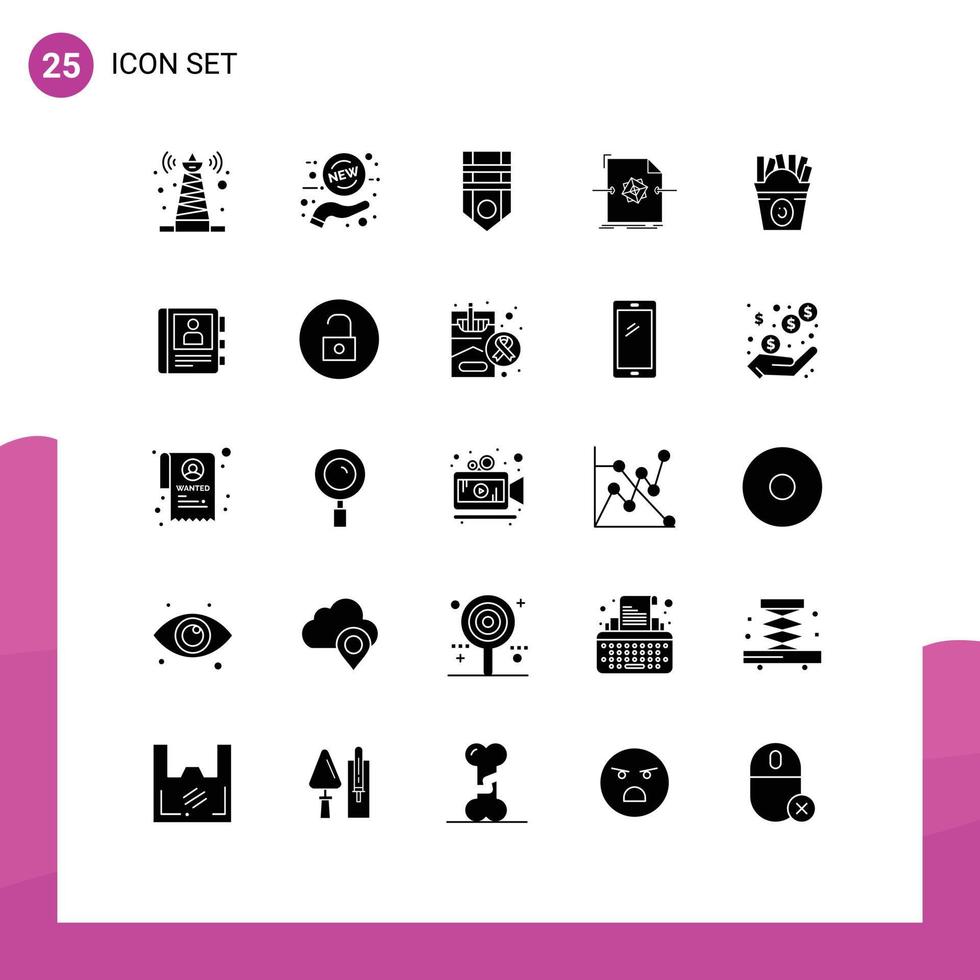 25 User Interface Solid Glyph Pack of modern Signs and Symbols of fastfood processing badge object document Editable Vector Design Elements