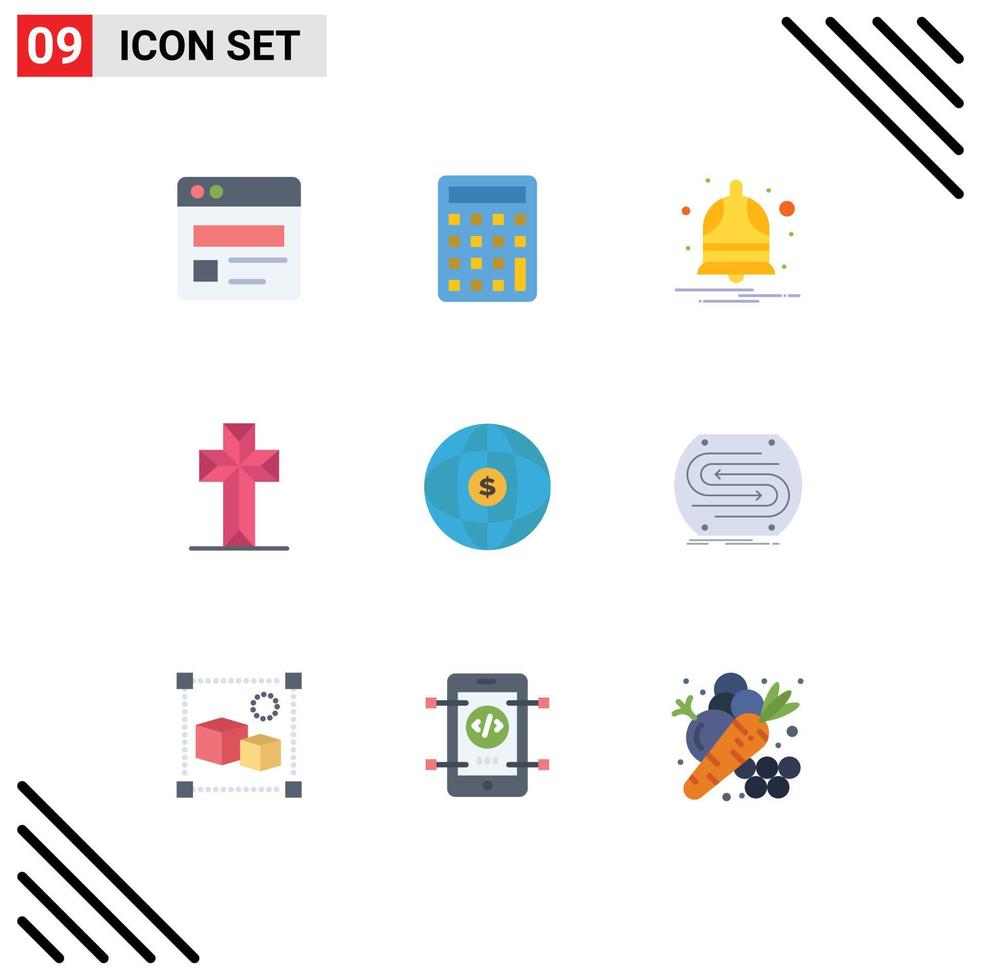 User Interface Pack of 9 Basic Flat Colors of dollar globe notify world cross Editable Vector Design Elements