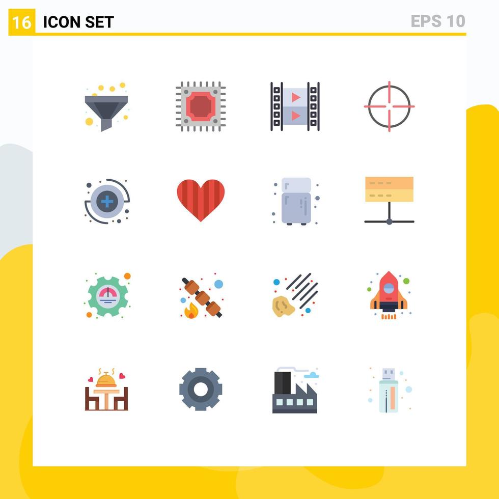 Group of 16 Modern Flat Colors Set for heart medical movie capture sight Editable Pack of Creative Vector Design Elements
