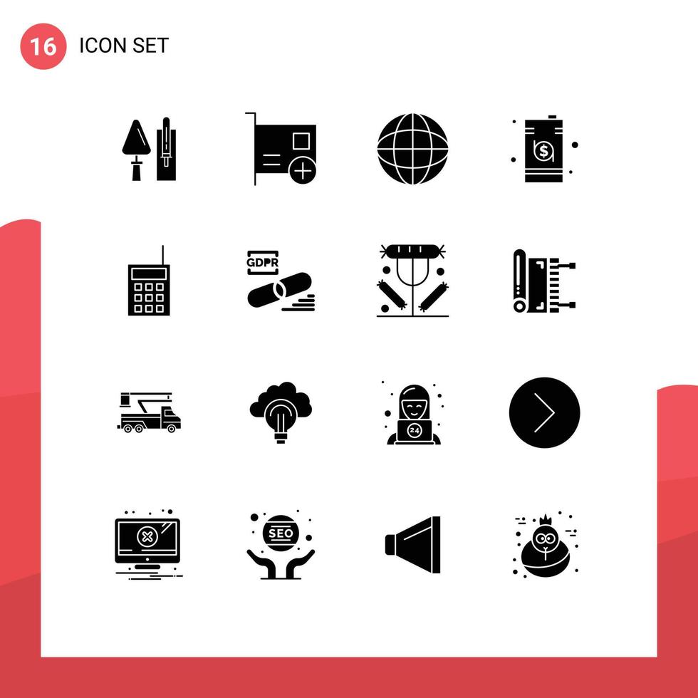 16 Universal Solid Glyphs Set for Web and Mobile Applications money dollar devices data globe Editable Vector Design Elements