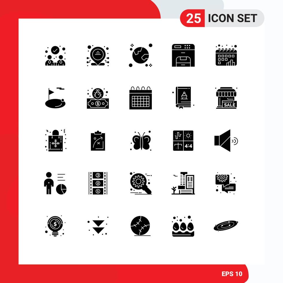 paquete de 25 creativo sólido glifos de puntos calendario global impresora dispositivo editable vector diseño elementos