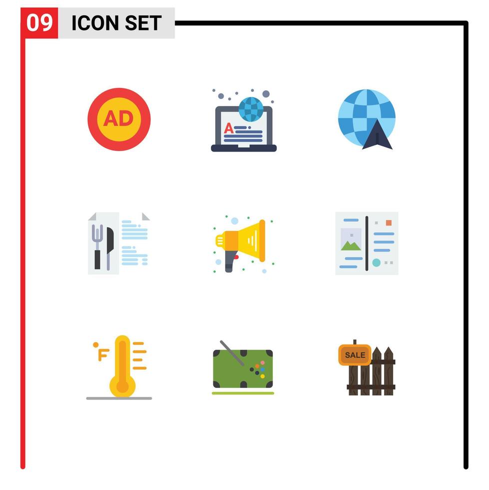 Flat Color Pack of 9 Universal Symbols of speaker announce online restaurant food Editable Vector Design Elements
