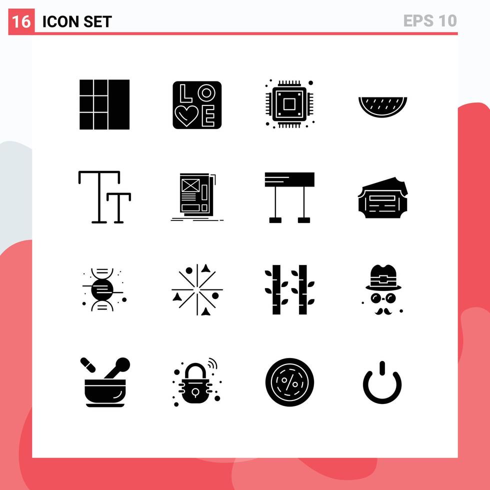 Group of 16 Modern Solid Glyphs Set for framing text microchip caps water Editable Vector Design Elements