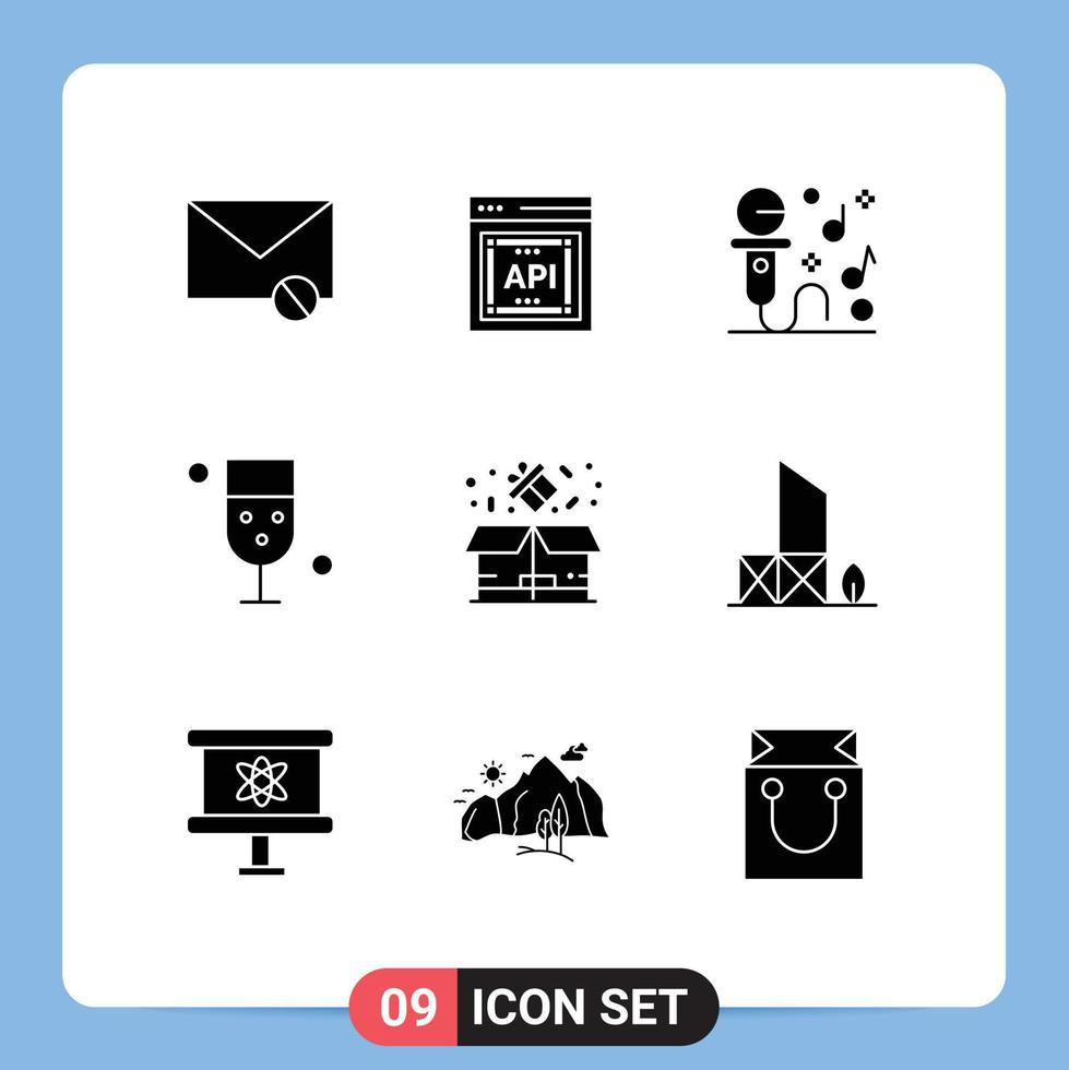 Set of 9 Commercial Solid Glyphs pack for glass drinking software drink party Editable Vector Design Elements