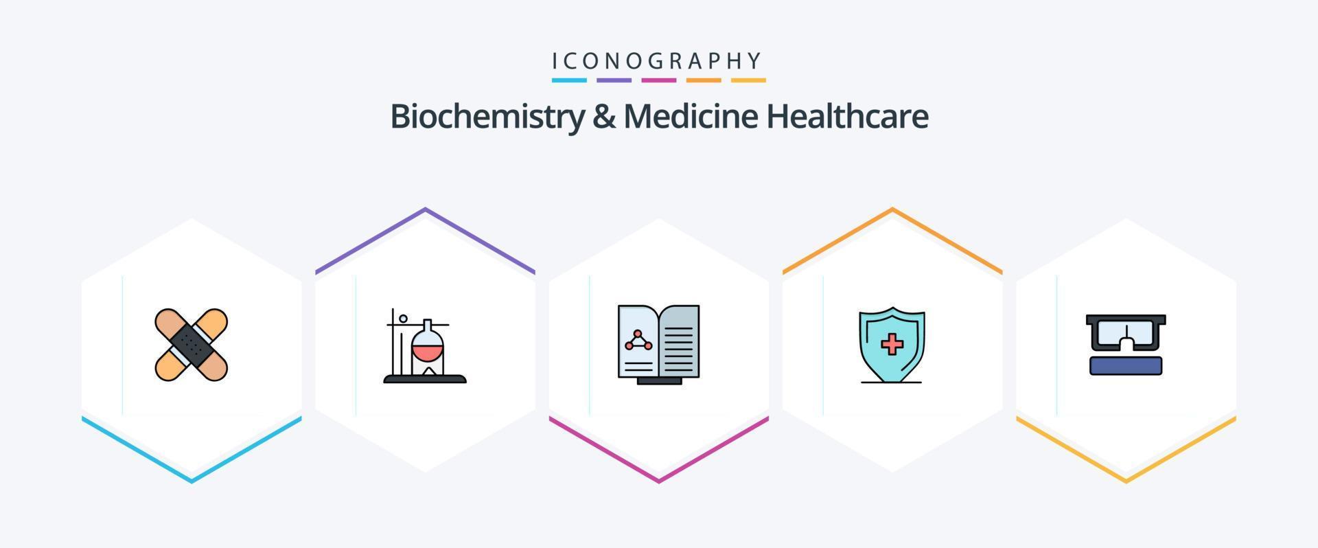 Biochemistry And Medicine Healthcare 25 FilledLine icon pack including shield. sign. rehydration. hospital. report vector