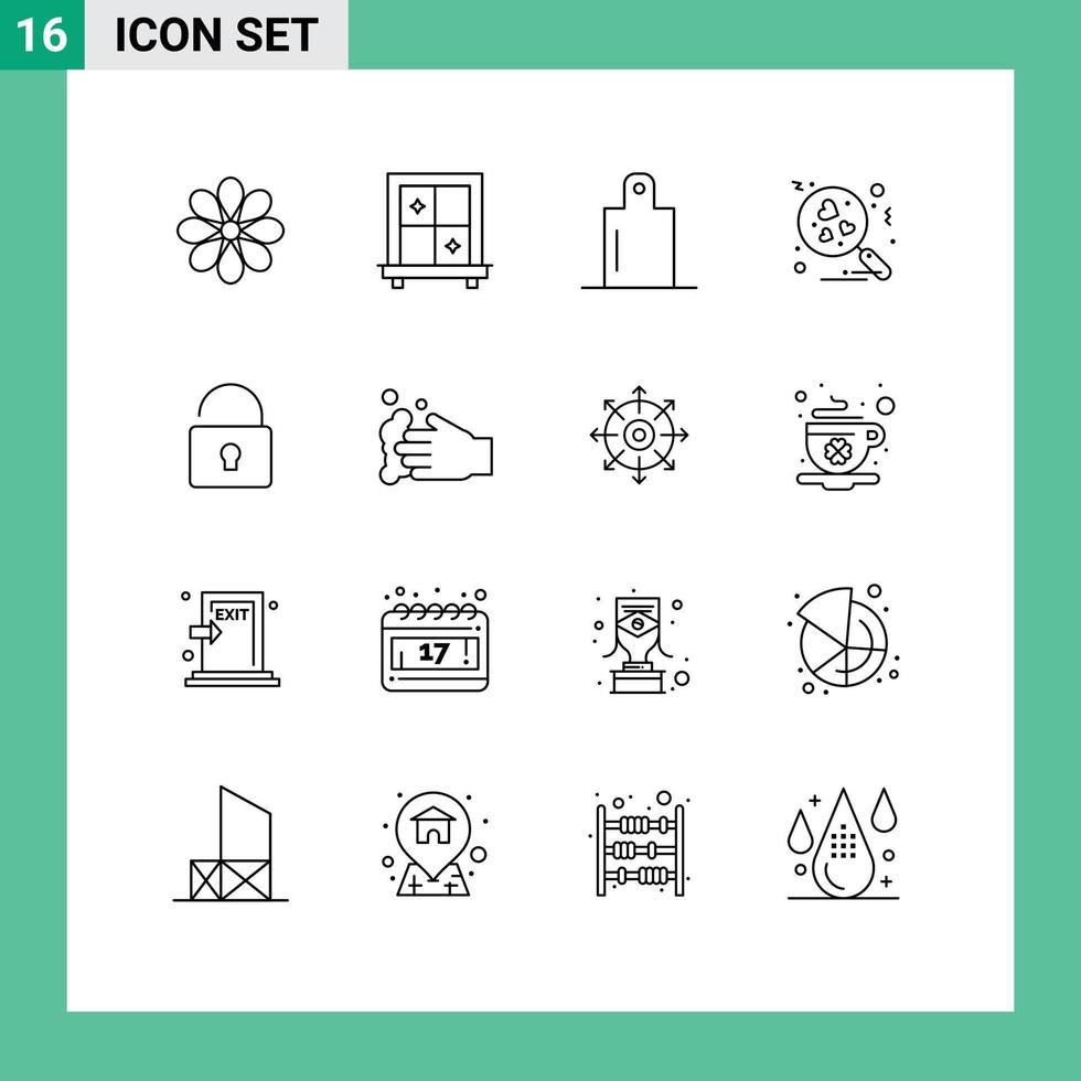 Mobile Interface Outline Set of 16 Pictograms of soap cleaning preparation security unlock Editable Vector Design Elements