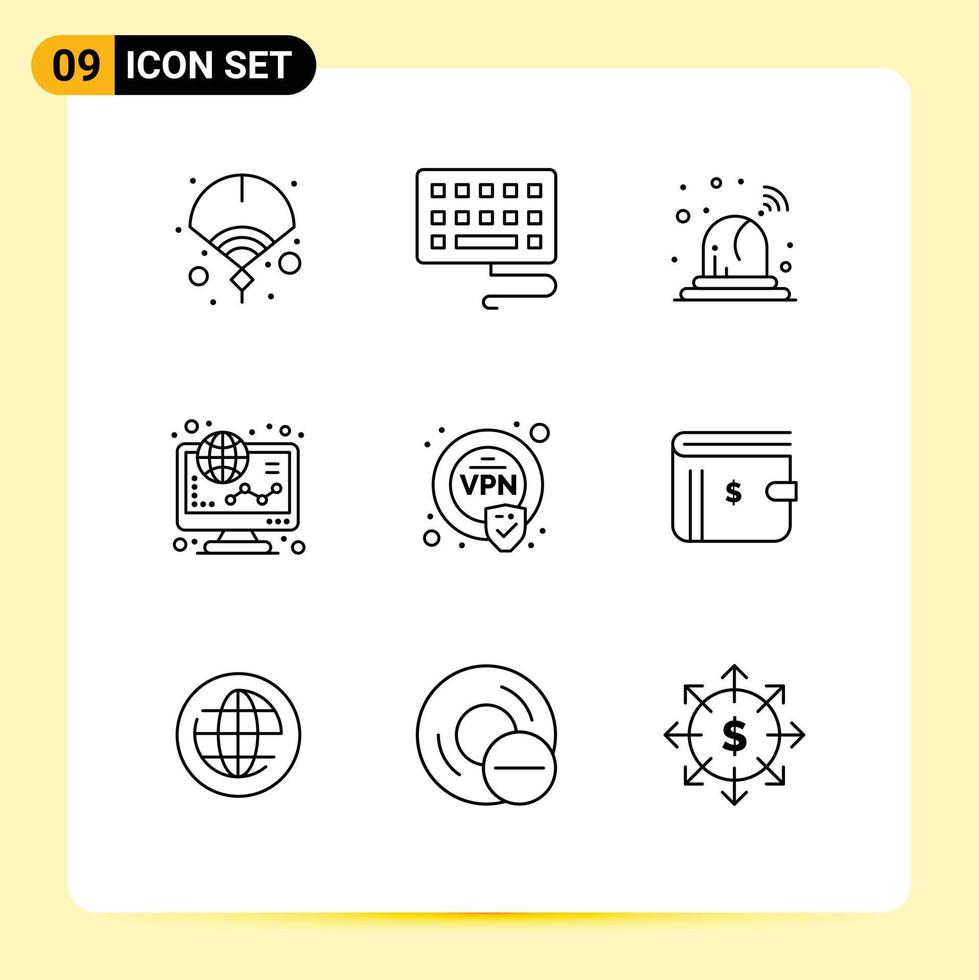 Modern Set of 9 Outlines and symbols such as wallet security light encryption online Editable Vector Design Elements