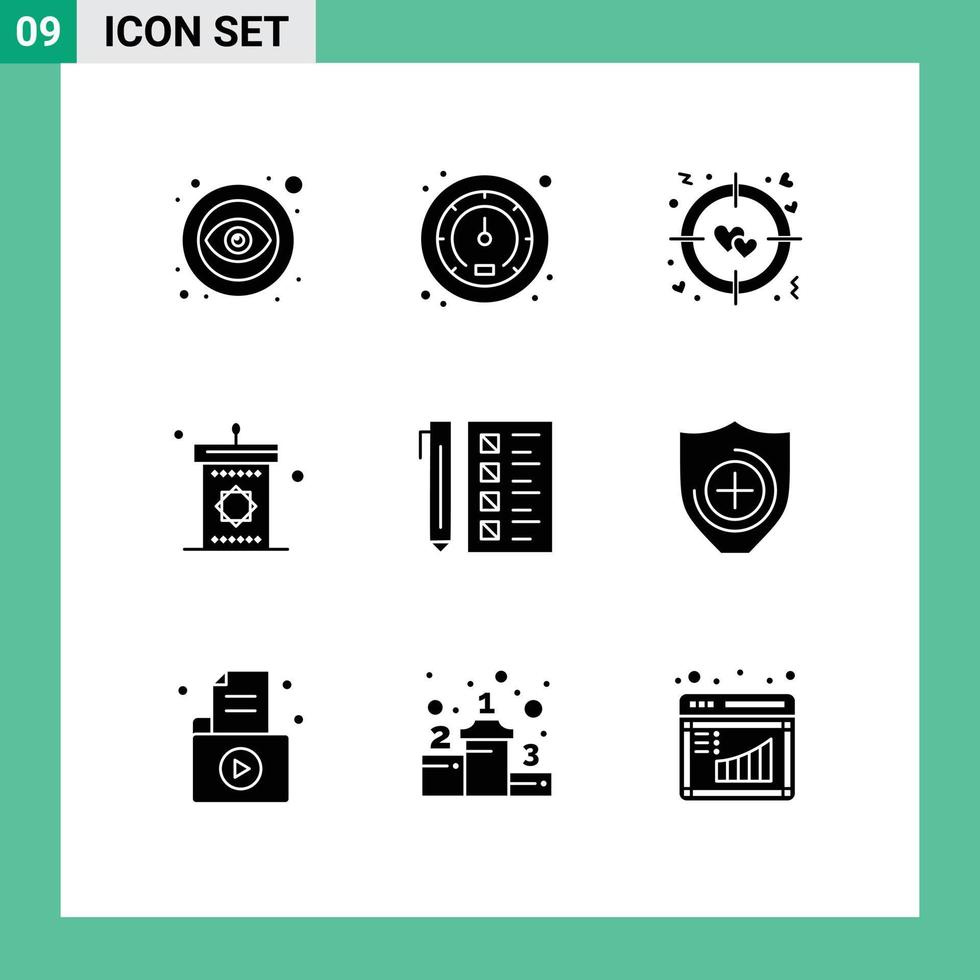 Mobile Interface Solid Glyph Set of 9 Pictograms of develop business love eid speech Editable Vector Design Elements