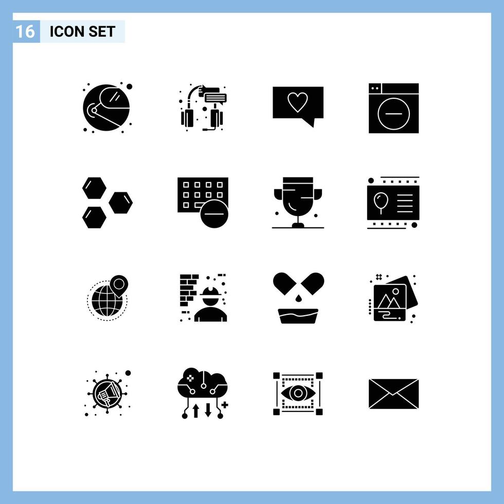 16 Universal Solid Glyph Signs Symbols of hexagon minimize headset less web Editable Vector Design Elements