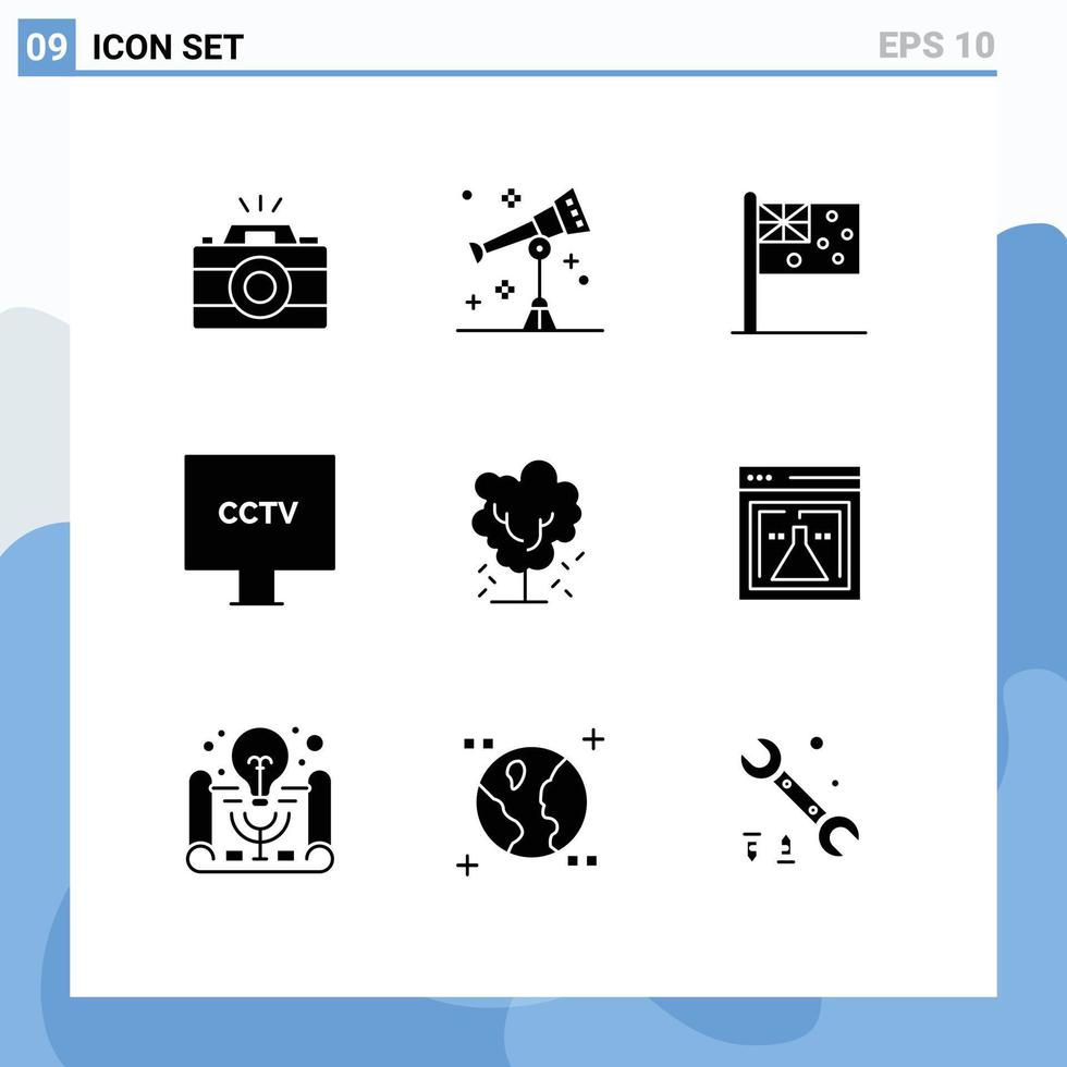 Modern Set of 9 Solid Glyphs Pictograph of tree surveillance australia spy camera Editable Vector Design Elements
