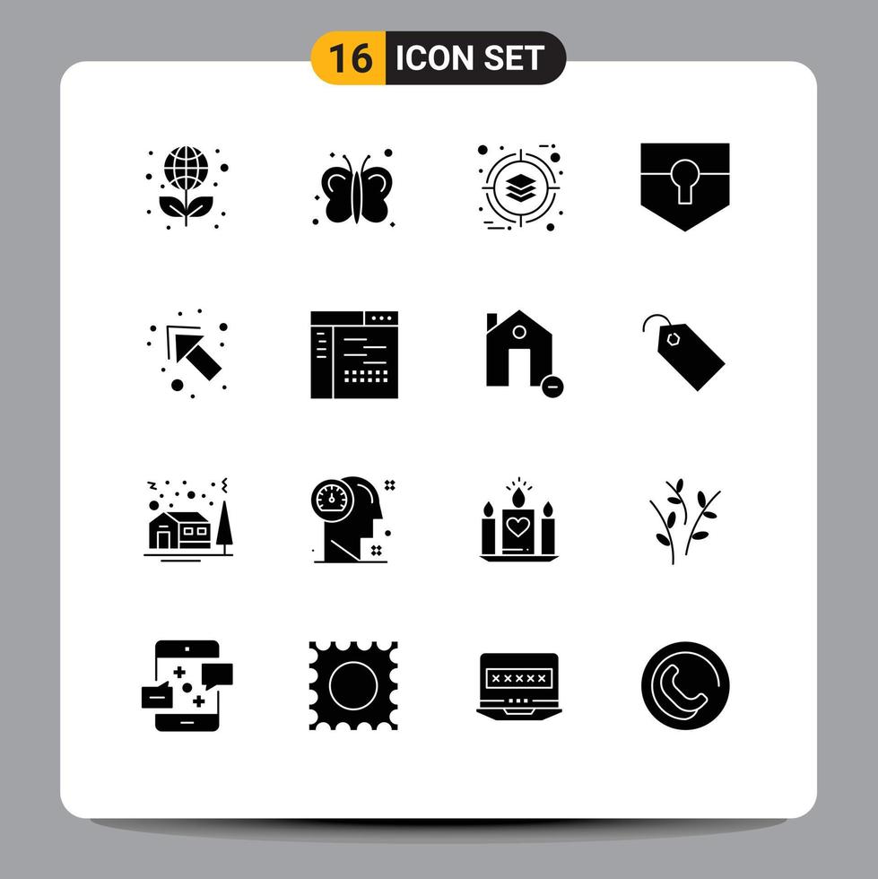 16 User Interface Solid Glyph Pack of modern Signs and Symbols of up shield business security key Editable Vector Design Elements
