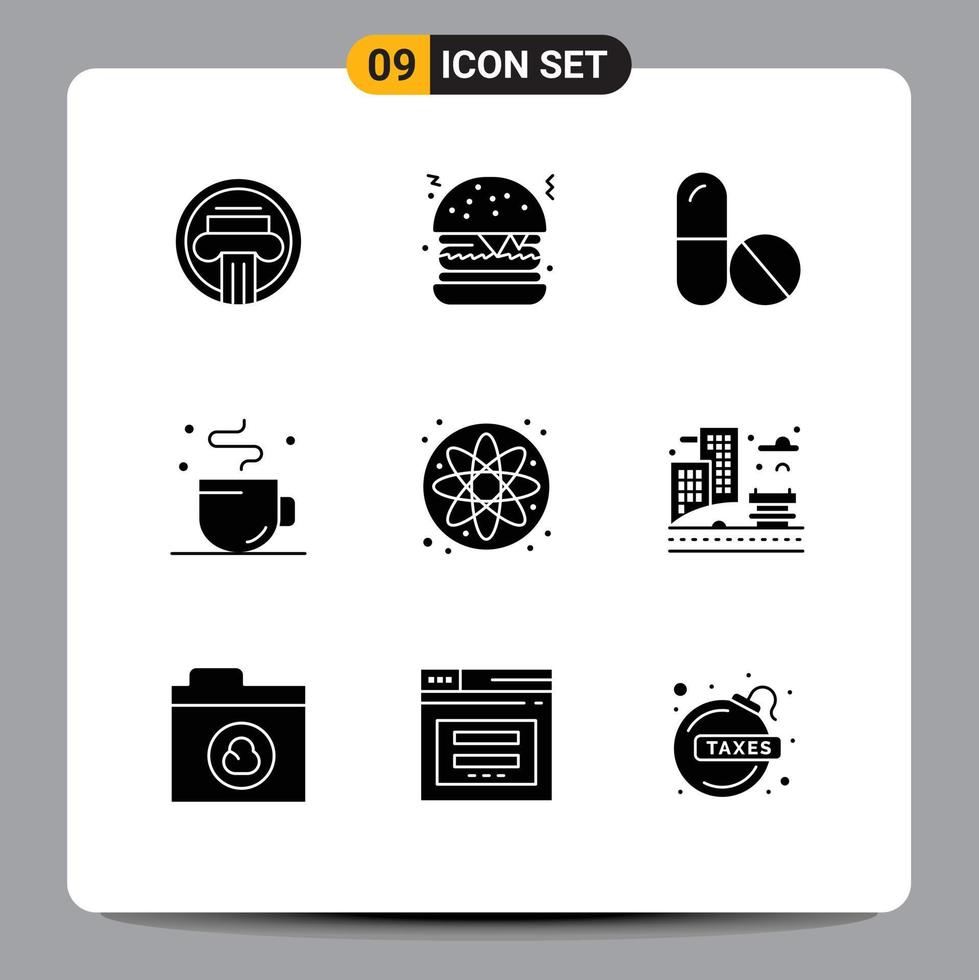 User Interface Pack of 9 Basic Solid Glyphs of science atom medicine time coffee Editable Vector Design Elements