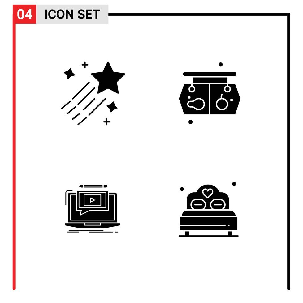 Set of 4 Commercial Solid Glyphs pack for asteroid player star vegetable tutorial Editable Vector Design Elements
