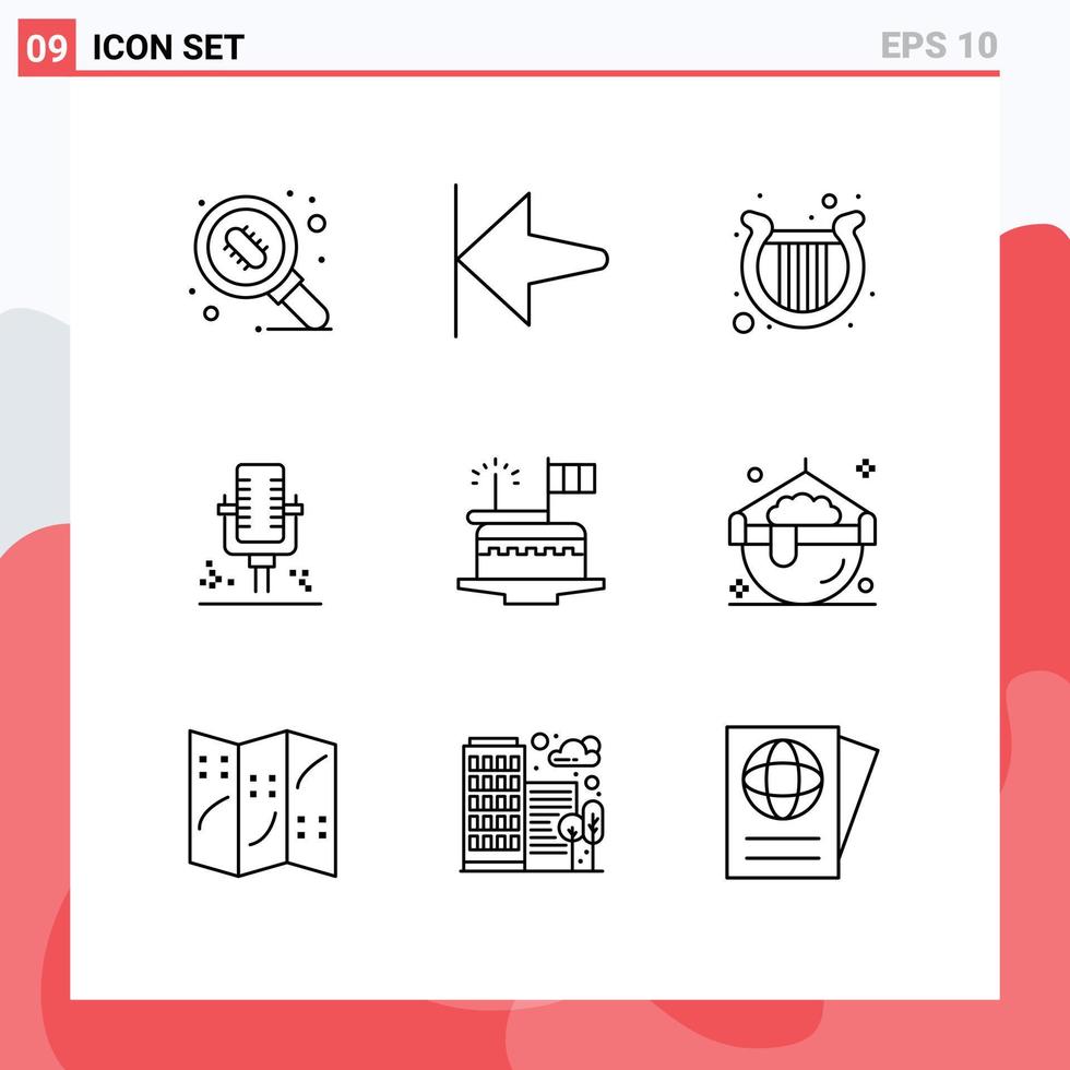 Pack of 9 creative Outlines of day cake ireland recording microphone Editable Vector Design Elements