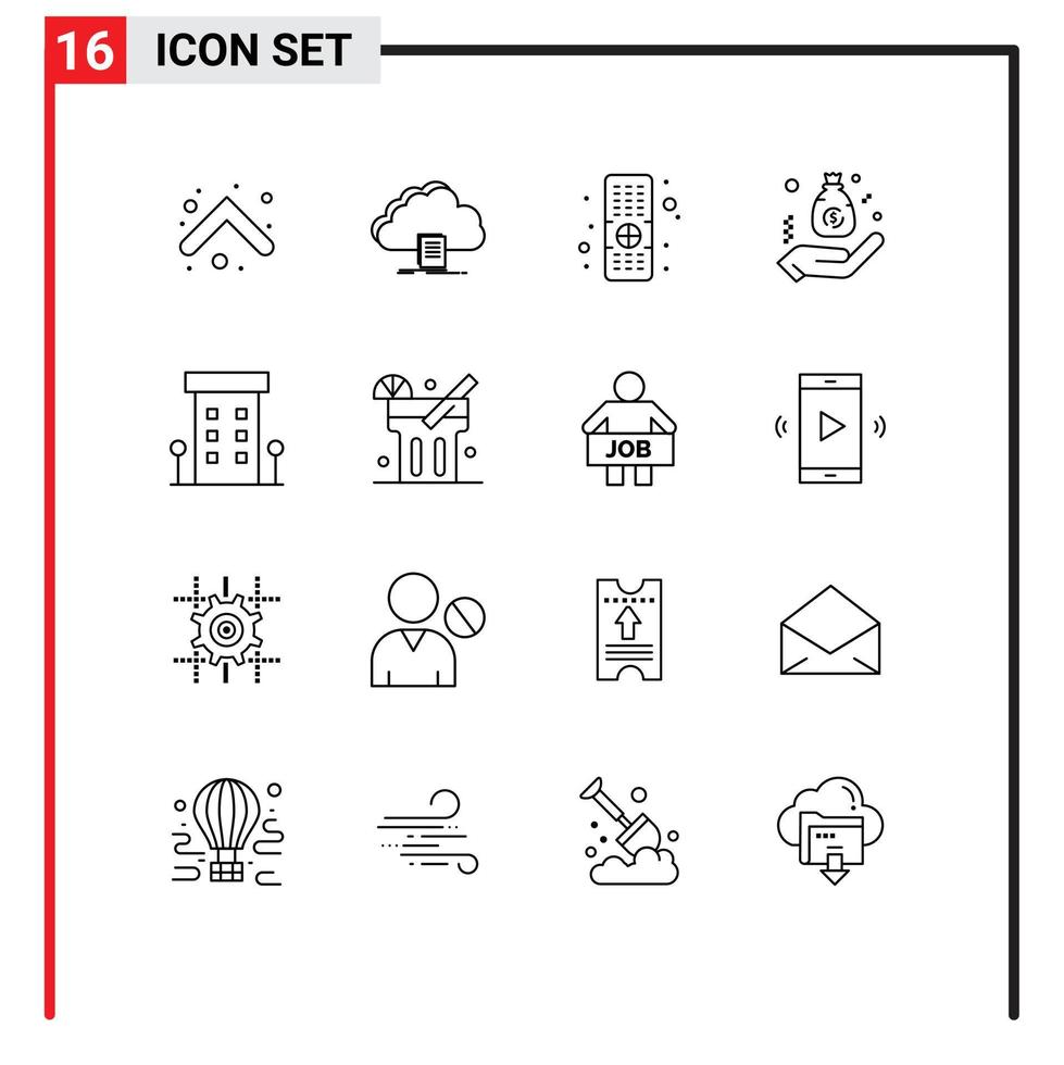 16 User Interface Outline Pack of modern Signs and Symbols of buildings finance download business bag Editable Vector Design Elements