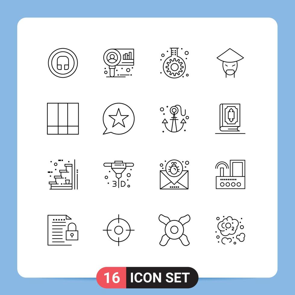 Mobile Interface Outline Set of 16 Pictograms of grid layout chinese cog monk emperor Editable Vector Design Elements