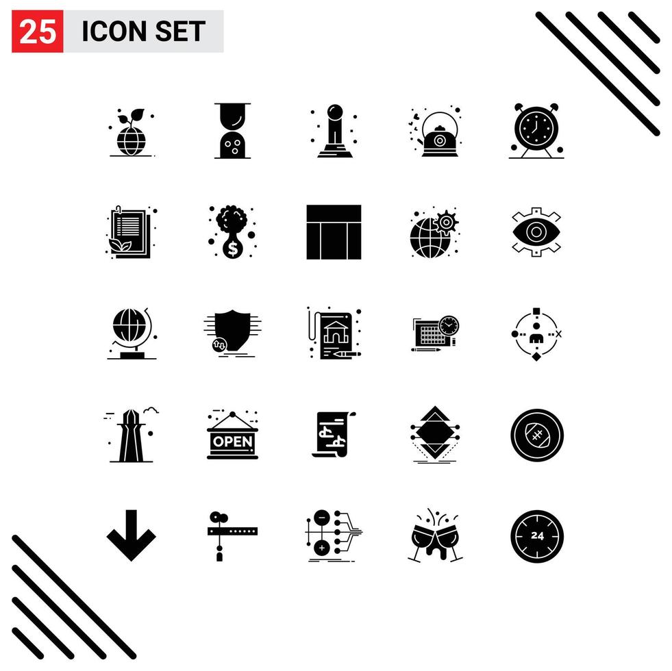 Mobile Interface Solid Glyph Set of 25 Pictograms of clock pot business kettle coffee Editable Vector Design Elements
