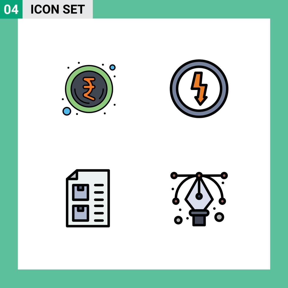 Mobile Interface Filledline Flat Color Set of 4 Pictograms of indian document charge power paper Editable Vector Design Elements