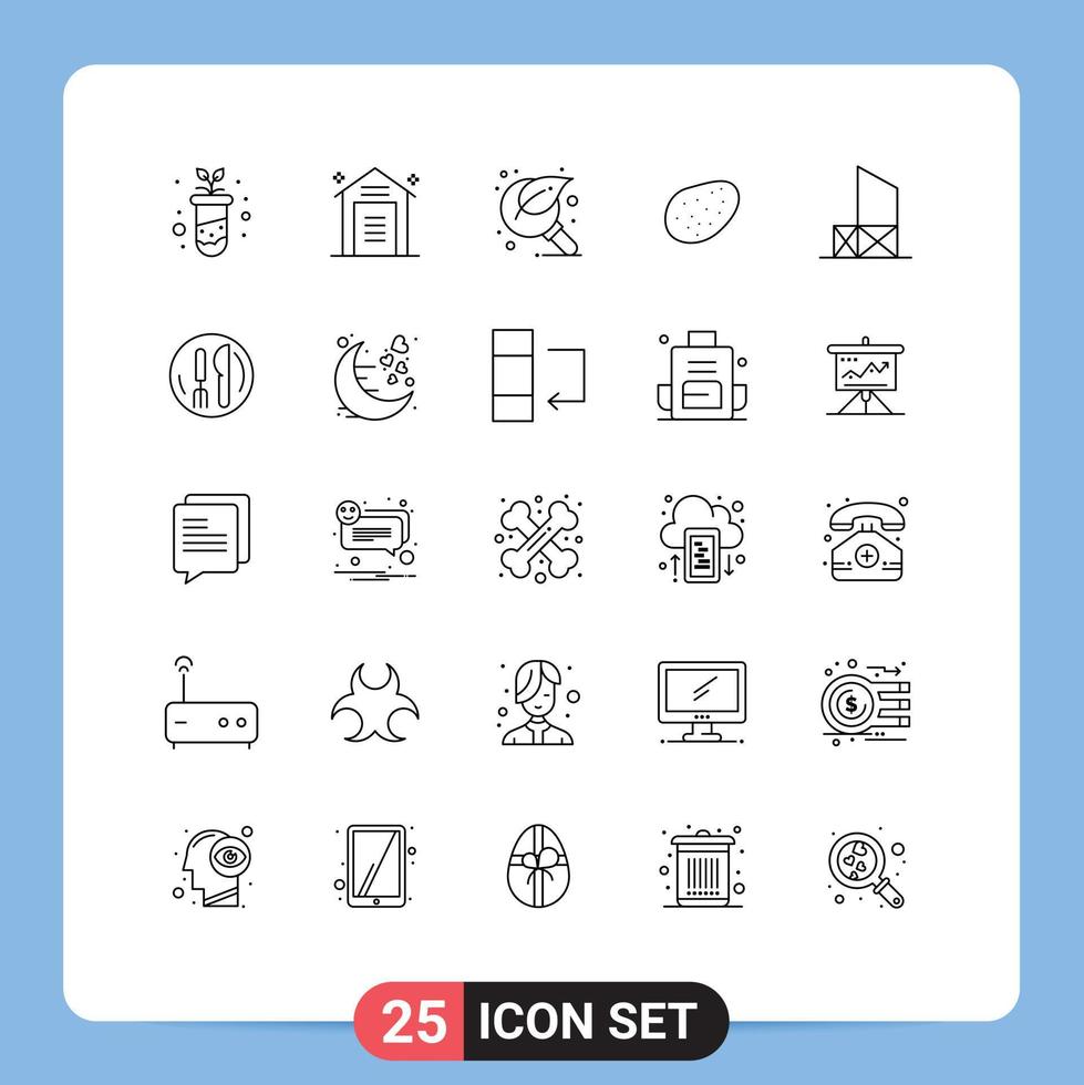 Editable Vector Line Pack of 25 Simple Lines of beach food warehouse patato magnifier Editable Vector Design Elements