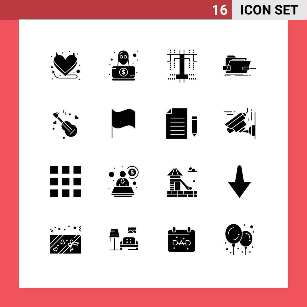 Modern Set of 16 Solid Glyphs Pictograph of music guitar process technical skrewdriver Editable Vector Design Elements