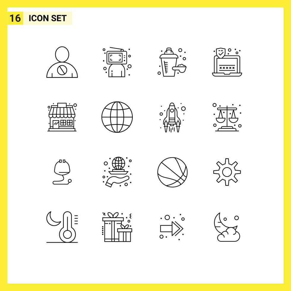 Set of 16 Vector Outlines on Grid for market store laptop online security protein Editable Vector Design Elements