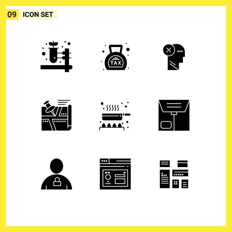 Set of 9 Vector Solid Glyphs on Grid for position location brain thinking mark Editable Vector Design Elements