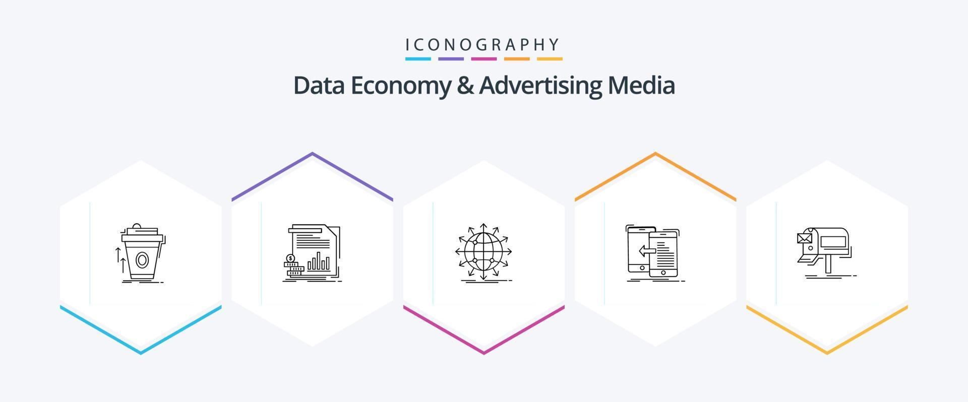 Data Economy And Advertising Media 25 Line icon pack including mobile. data. information. worldwide. arrow vector