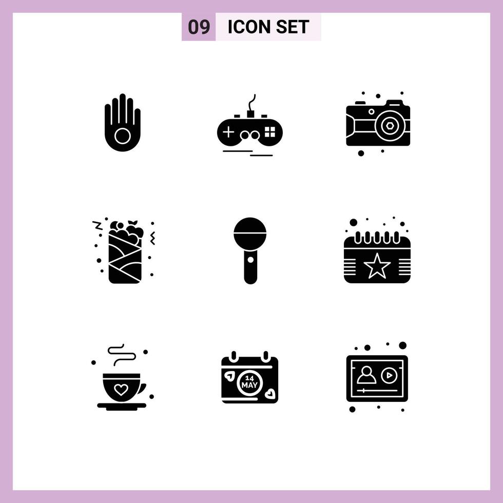 9 Universal Solid Glyphs Set for Web and Mobile Applications microphone media arts food drink Editable Vector Design Elements