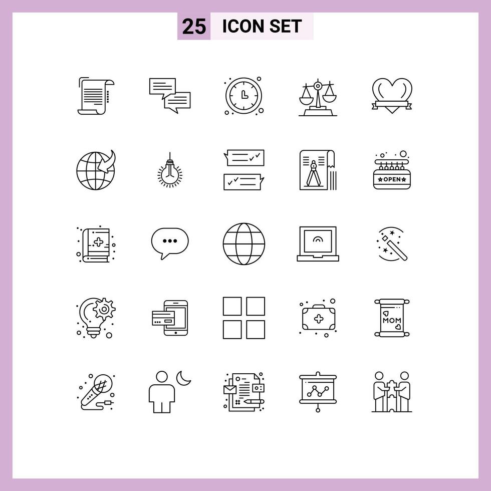 Modern Set of 25 Lines and symbols such as heart law clock justice wall clock Editable Vector Design Elements