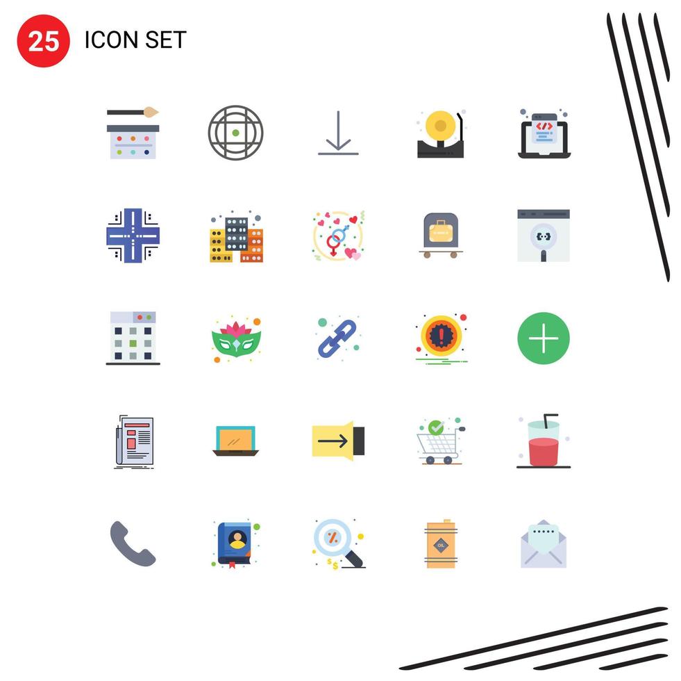 User Interface Pack of 25 Basic Flat Colors of html coding coding download fire alert Editable Vector Design Elements