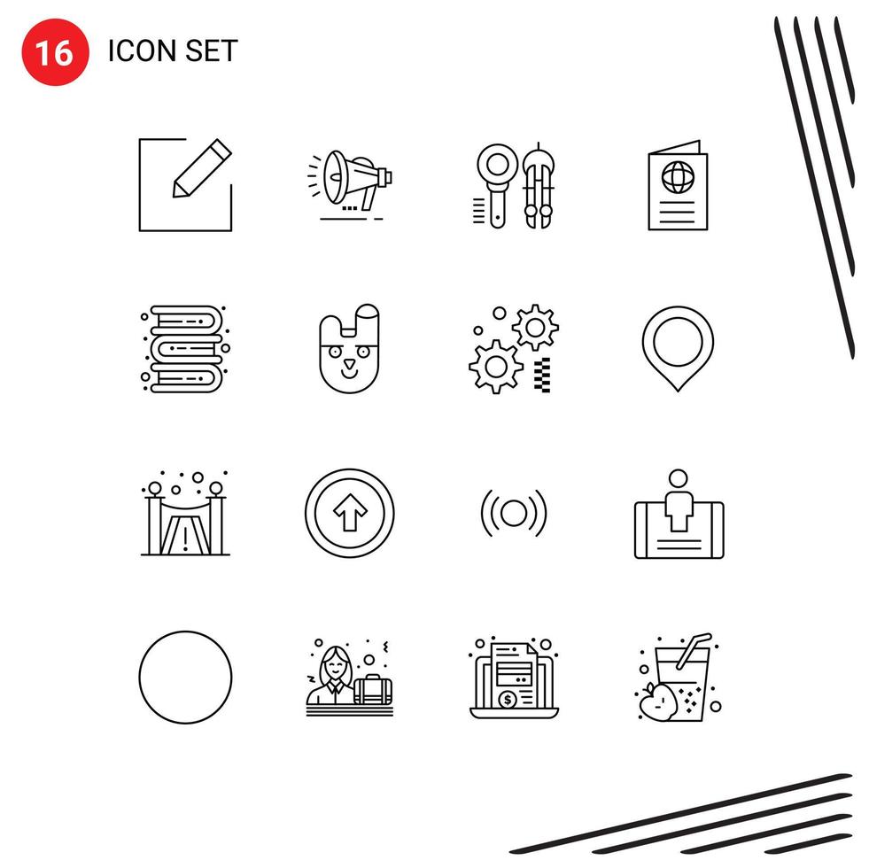 Set of 16 Modern UI Icons Symbols Signs for books passport design id card Editable Vector Design Elements