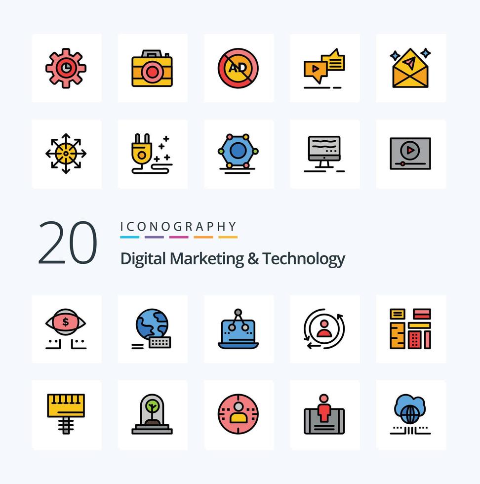 20 Digital Marketing And Technology Line Filled Color icon Pack like feature advertising digital remarketing digital vector