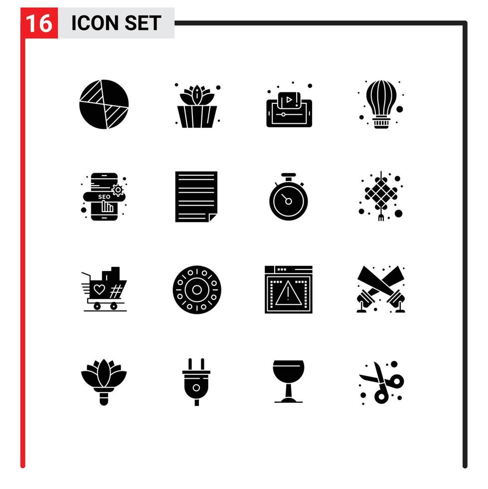 Group of 16 Modern Solid Glyphs Set for seo online hot air learning parachute air Editable Vector Design Elements