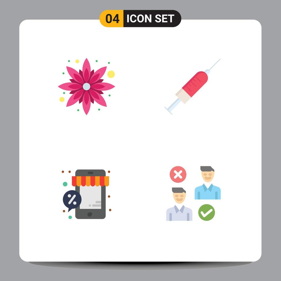 Group of 4 Modern Flat Icons Set for flower online syringe needle store Editable Vector Design Elements