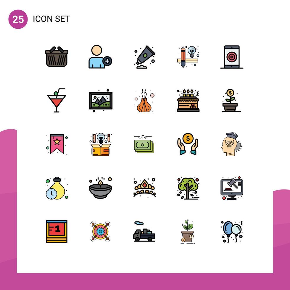 Modern Set of 25 Filled line Flat Colors Pictograph of optimization media art engine design Editable Vector Design Elements