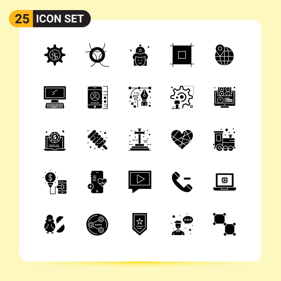 Group of 25 Modern Solid Glyphs Set for computer location fireman globe page Editable Vector Design Elements