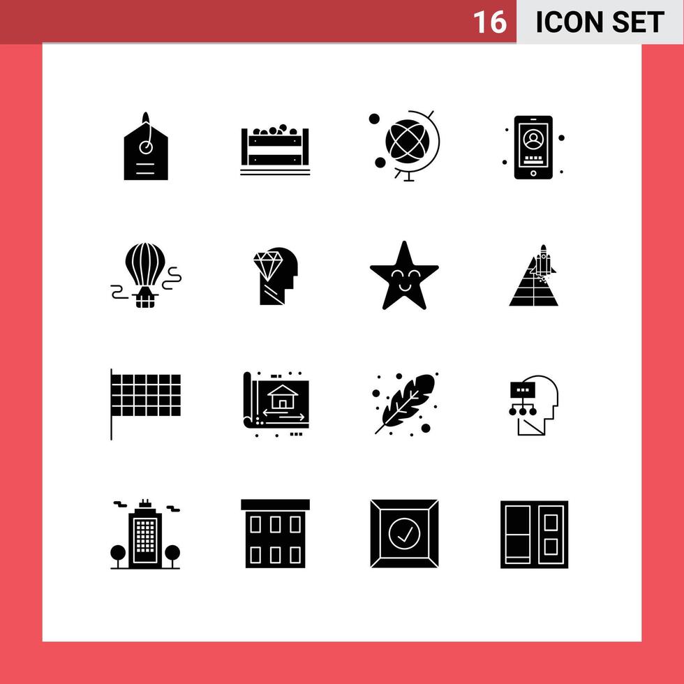 Solid Glyph Pack of 16 Universal Symbols of transport balloon geography air phone Editable Vector Design Elements
