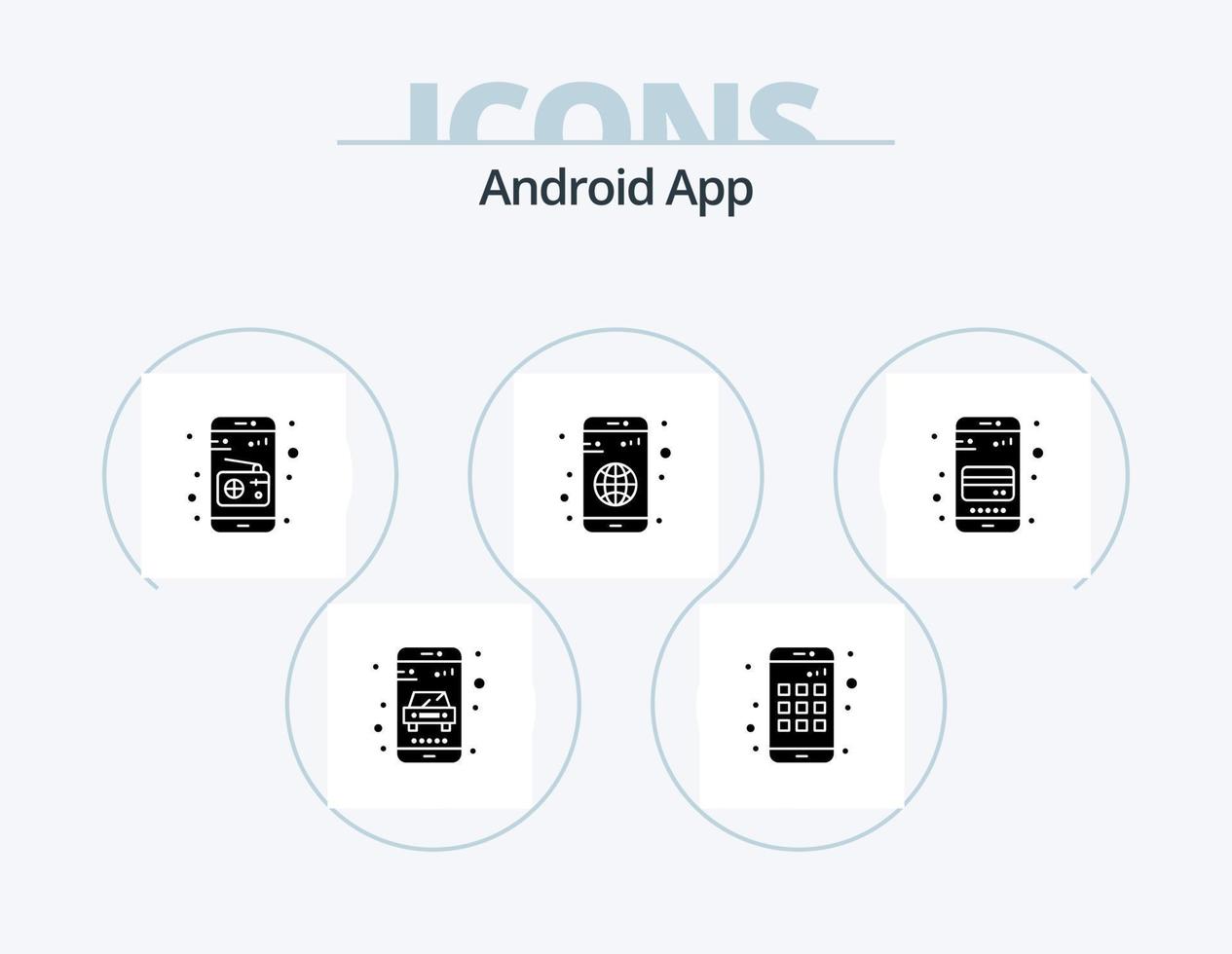androide aplicación glifo icono paquete 5 5 icono diseño. teléfono. tarjeta. medios de comunicación. Cajero automático tarjeta. globo vector