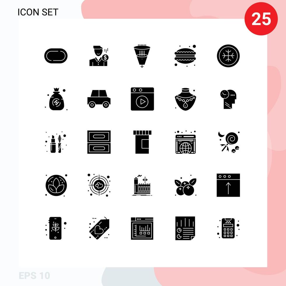 Group of 25 Solid Glyphs Signs and Symbols for dumplings cafe salary funnel filtering Editable Vector Design Elements