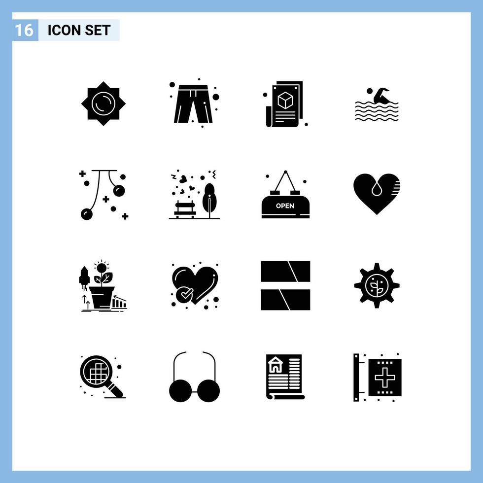 Pack of 16 Modern Solid Glyphs Signs and Symbols for Web Print Media such as cherries swimming blogger swim activity Editable Vector Design Elements