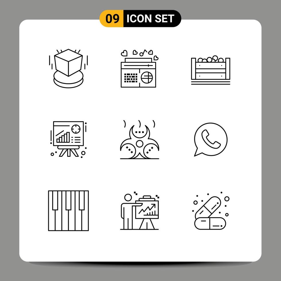 Pack of 9 Modern Outlines Signs and Symbols for Web Print Media such as biohazard presentation songs chart bangla Editable Vector Design Elements